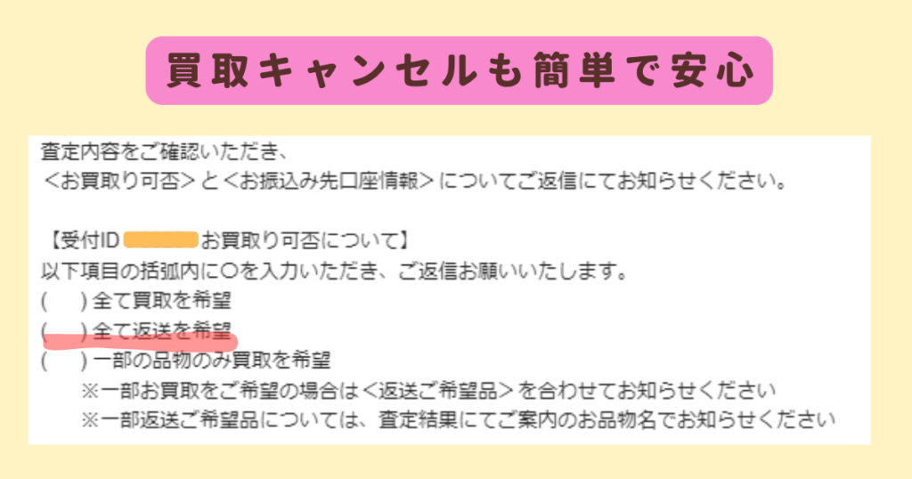 キャンセルはメールに〇を記入し返送するだけ