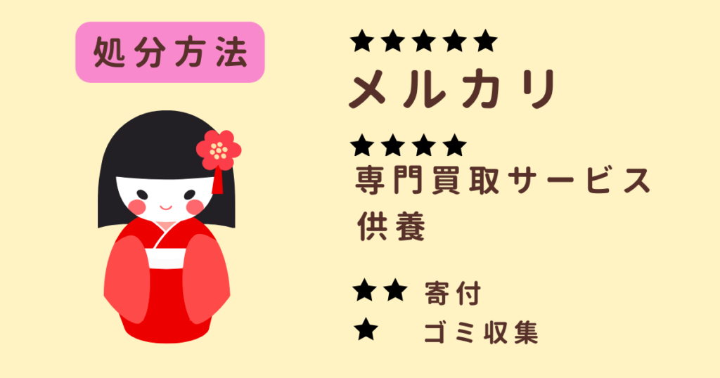 市松人形の処分方法はメルカリ、専門買取サービス、人形供養、寄付、ゴミ収集の５つ。